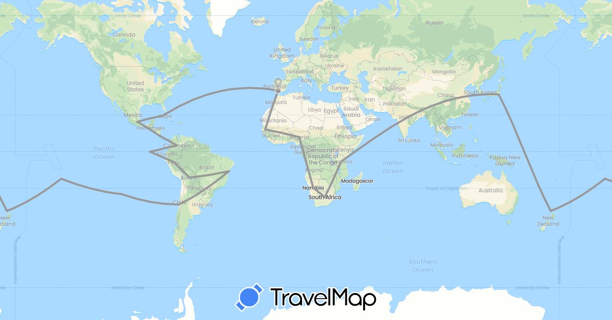 TravelMap itinerary: plane in Bolivia, Brazil, Chile, Colombia, Costa Rica, Cuba, Ecuador, Spain, France, Japan, Mexico, Namibia, Nigeria, New Zealand, Peru, Senegal, Tanzania, South Africa (Africa, Asia, Europe, North America, Oceania, South America)